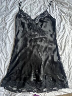 Black Lace-Trim Satin Slip Dress - Women’s Intimates